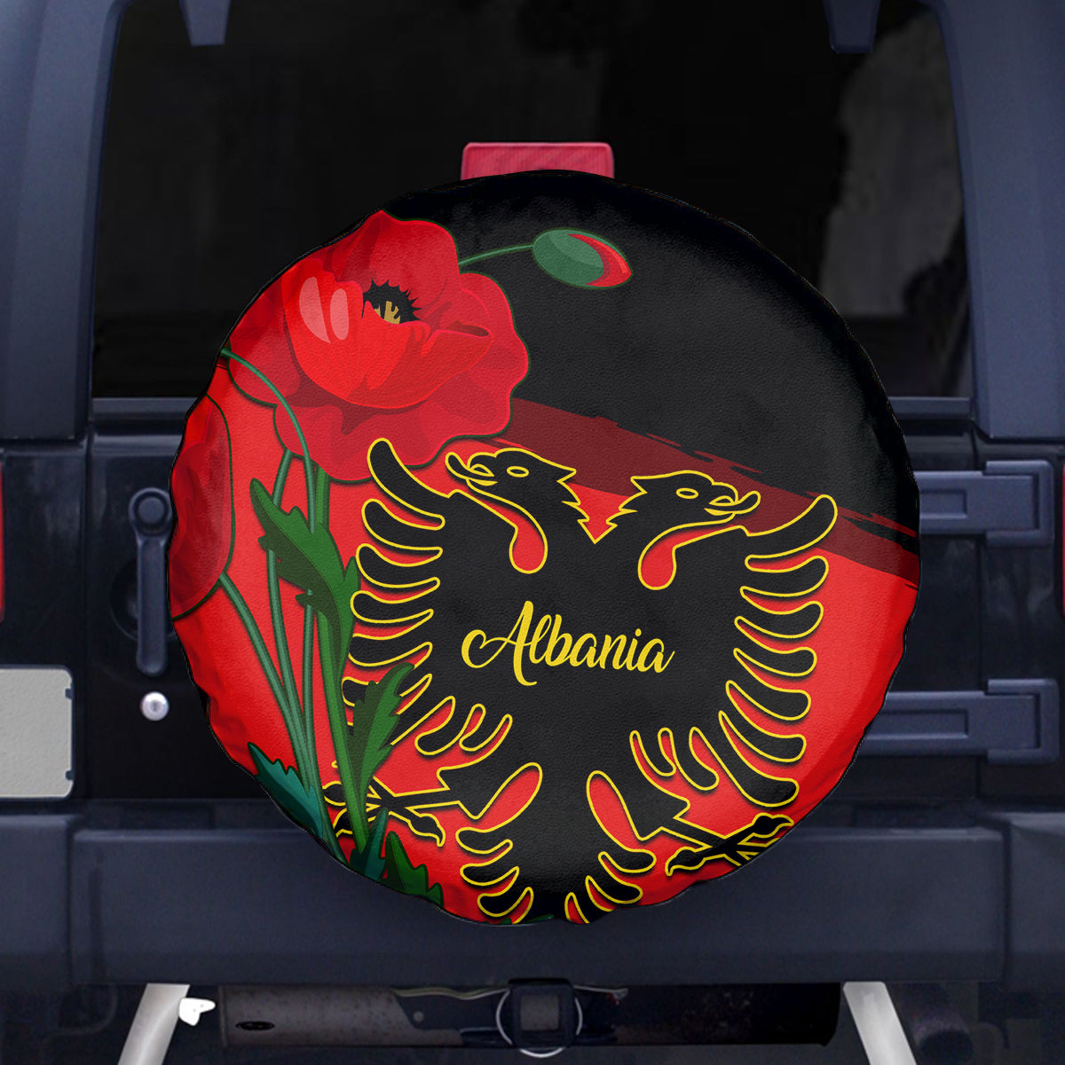 Albania Flag Day Spare Tire Cover Albanian Coat Of Arms With Red Poppy - Wonder Print Shop