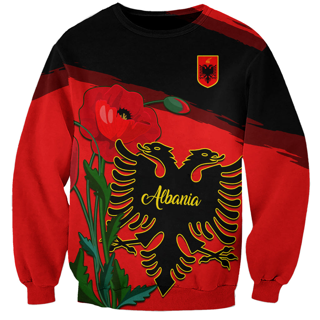 Unisex sweatshirt with Albania coat of arms, red poppy and eagle graphic, black-red