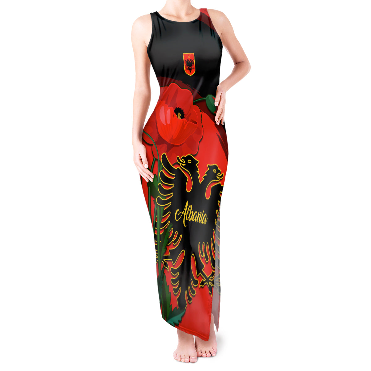 Albania Flag Day Tank Maxi Dress Albanian Coat Of Arms With Red Poppy - Wonder Print Shop