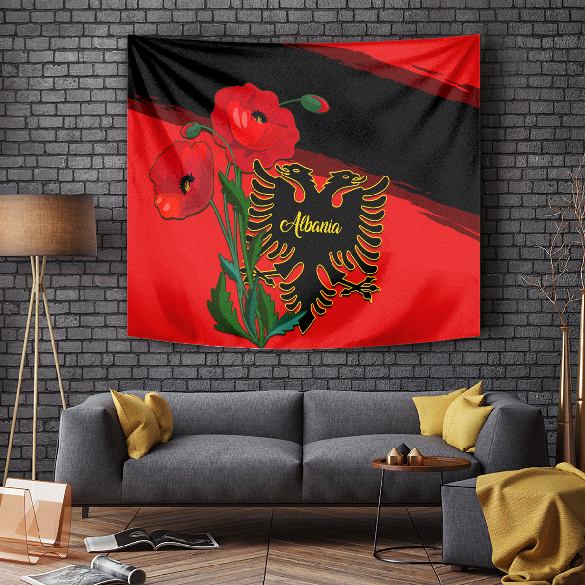 albania-flag-day-tapestry-albanian-coat-of-arms-with-red-poppy