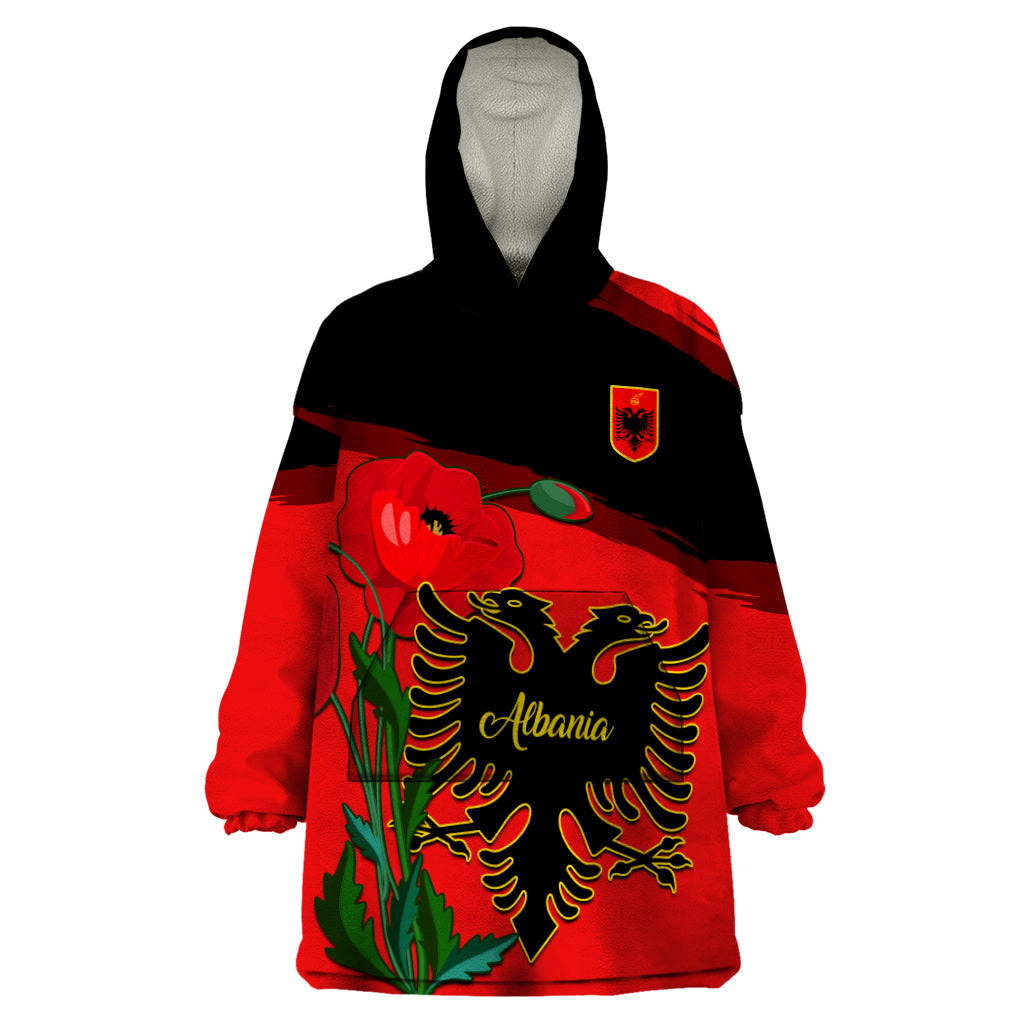 Albania Flag Day Wearable Blanket Hoodie Albanian Coat Of Arms With Red Poppy - Wonder Print Shop