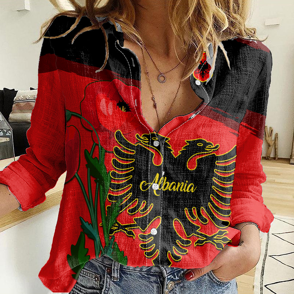 Albania Flag Day Women Casual Shirt Albanian Coat Of Arms With Red Poppy - Wonder Print Shop