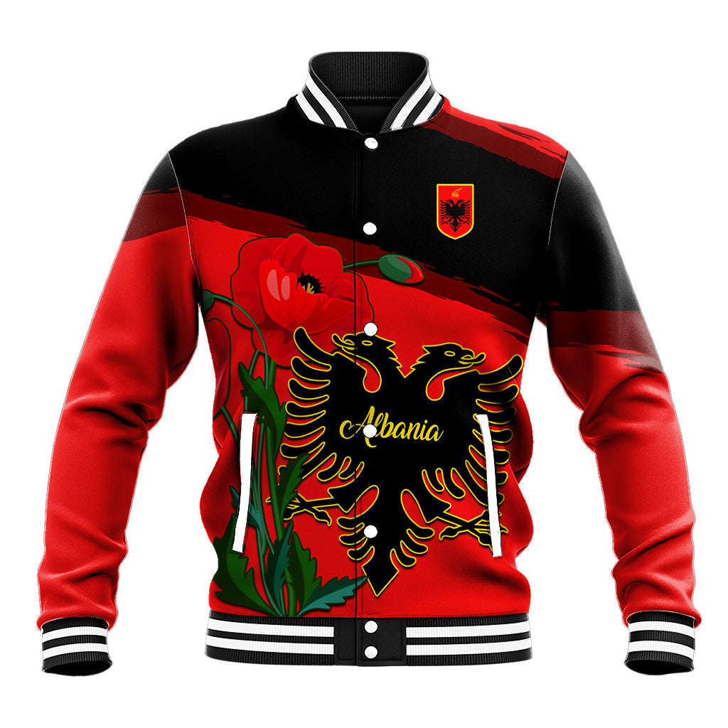 Unisex red and black baseball jacket with Albania crest and poppy graphic