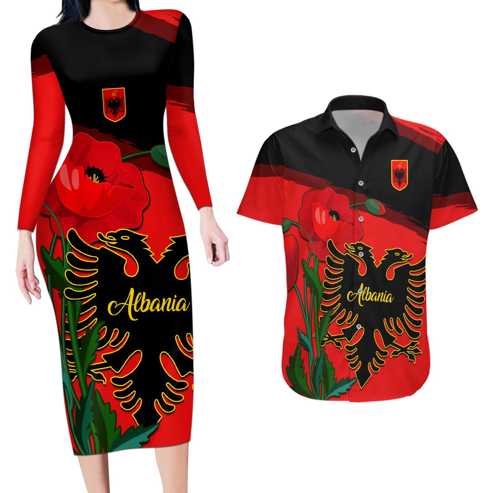 Personalised Albania Flag Day Couples Matching Long Sleeve Bodycon Dress and Hawaiian Shirt Albanian Coat Of Arms With Red Poppy - Wonder Print Shop