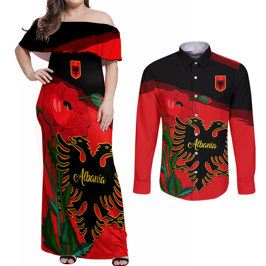 Personalised Albania Flag Day Couples Matching Off Shoulder Maxi Dress and Long Sleeve Button Shirt Albanian Coat Of Arms With Red Poppy - Wonder Print Shop