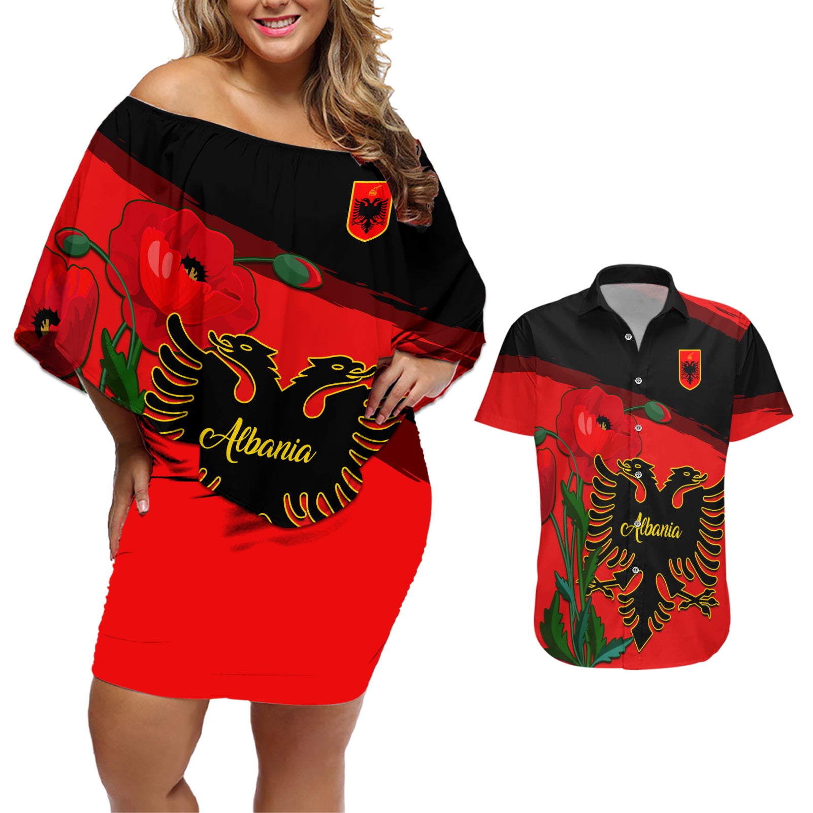 Personalised Albania Flag Day Couples Matching Off Shoulder Short Dress and Hawaiian Shirt Albanian Coat Of Arms With Red Poppy - Wonder Print Shop