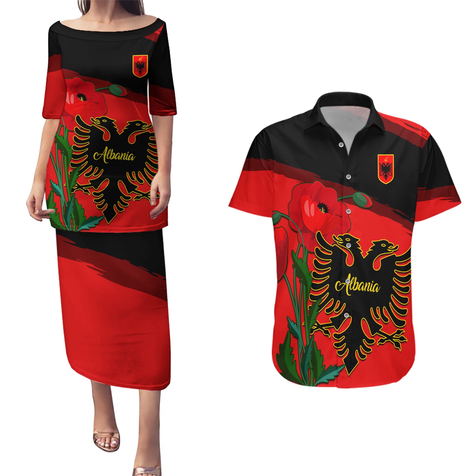 Personalised Albania Flag Day Couples Matching Puletasi Dress and Hawaiian Shirt Albanian Coat Of Arms With Red Poppy - Wonder Print Shop