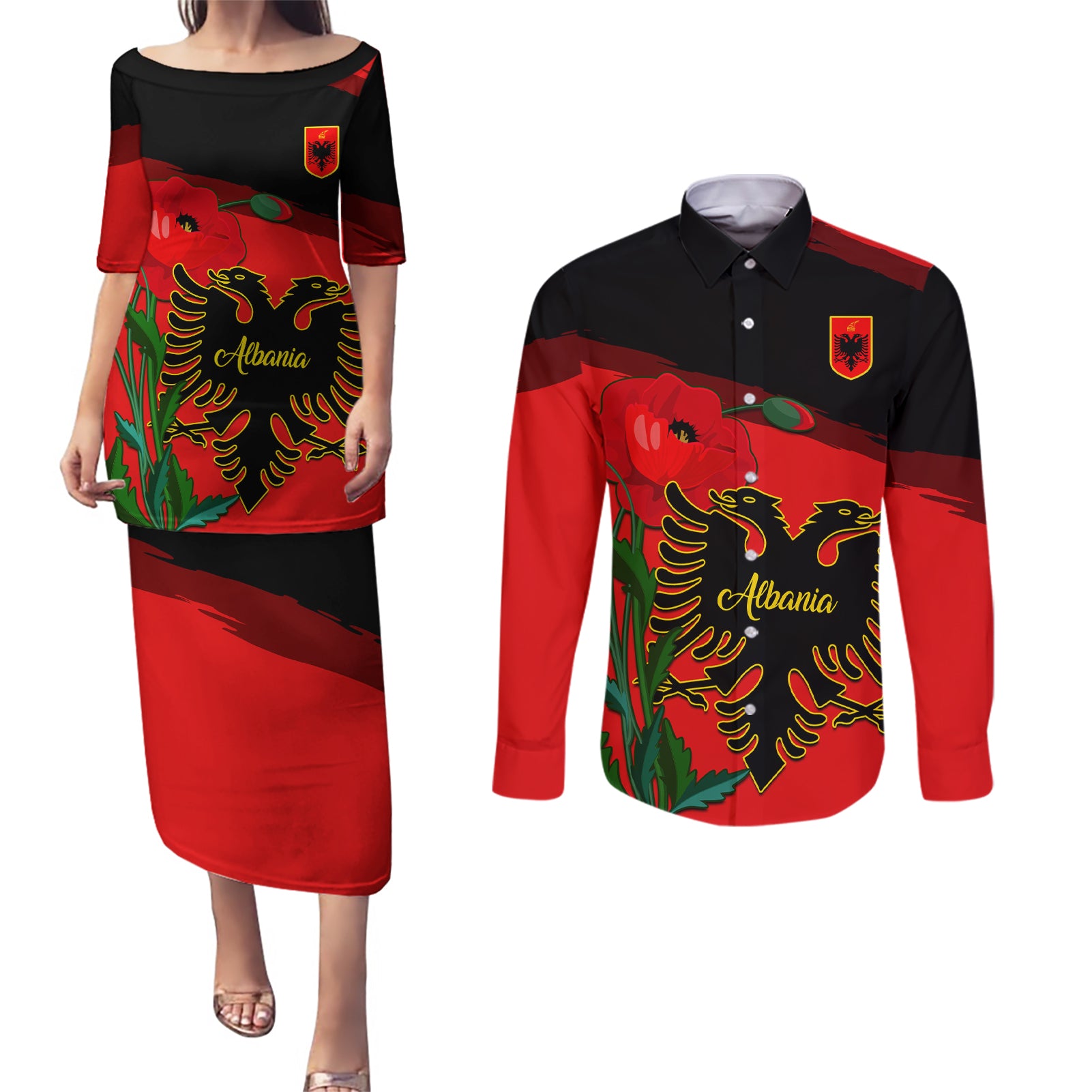 Personalised Albania Flag Day Couples Matching Puletasi Dress and Long Sleeve Button Shirt Albanian Coat Of Arms With Red Poppy - Wonder Print Shop