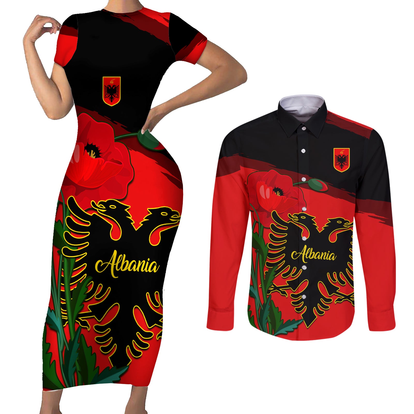 Personalised Albania Flag Day Couples Matching Short Sleeve Bodycon Dress and Long Sleeve Button Shirt Albanian Coat Of Arms With Red Poppy - Wonder Print Shop