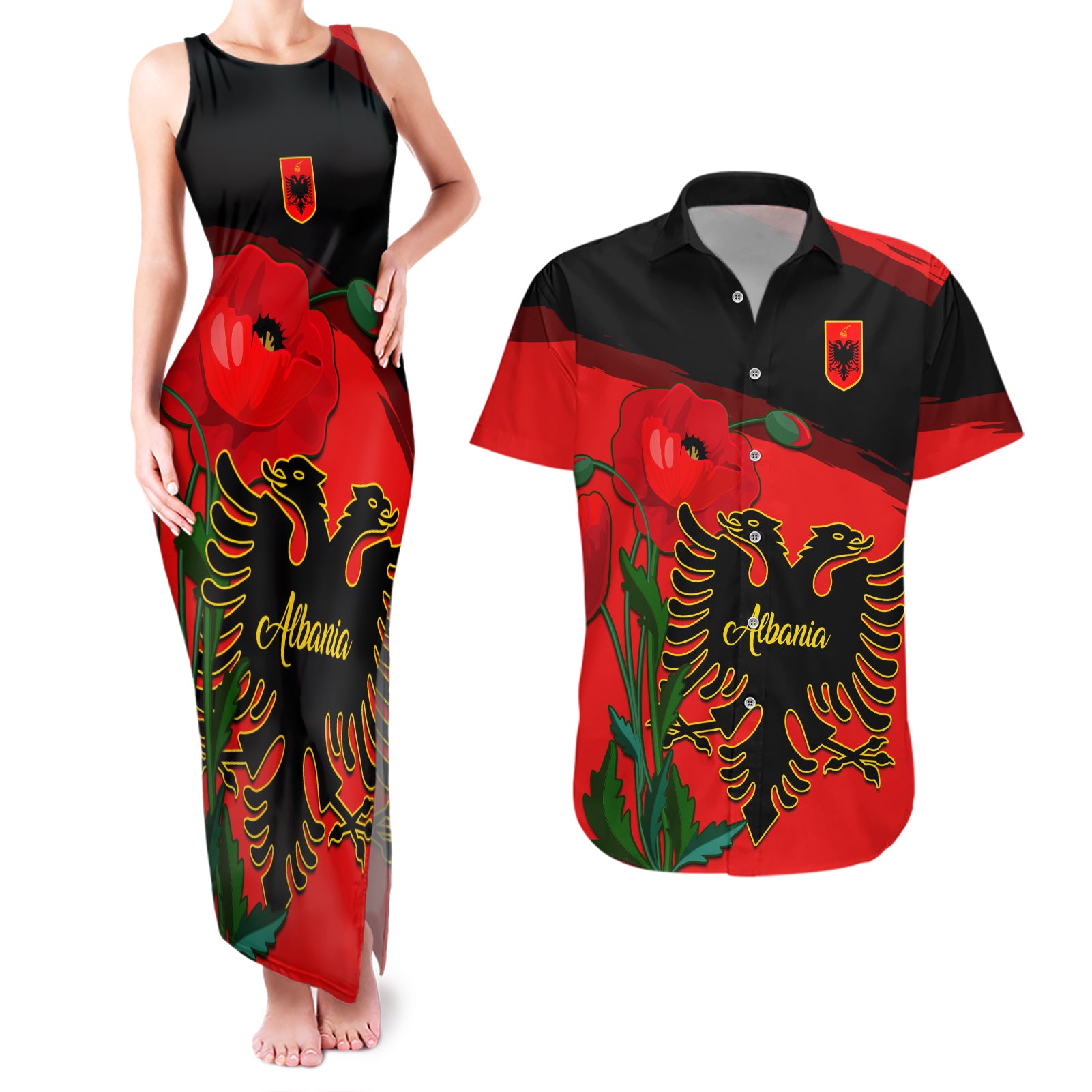 Personalised Albania Flag Day Couples Matching Tank Maxi Dress and Hawaiian Shirt Albanian Coat Of Arms With Red Poppy - Wonder Print Shop