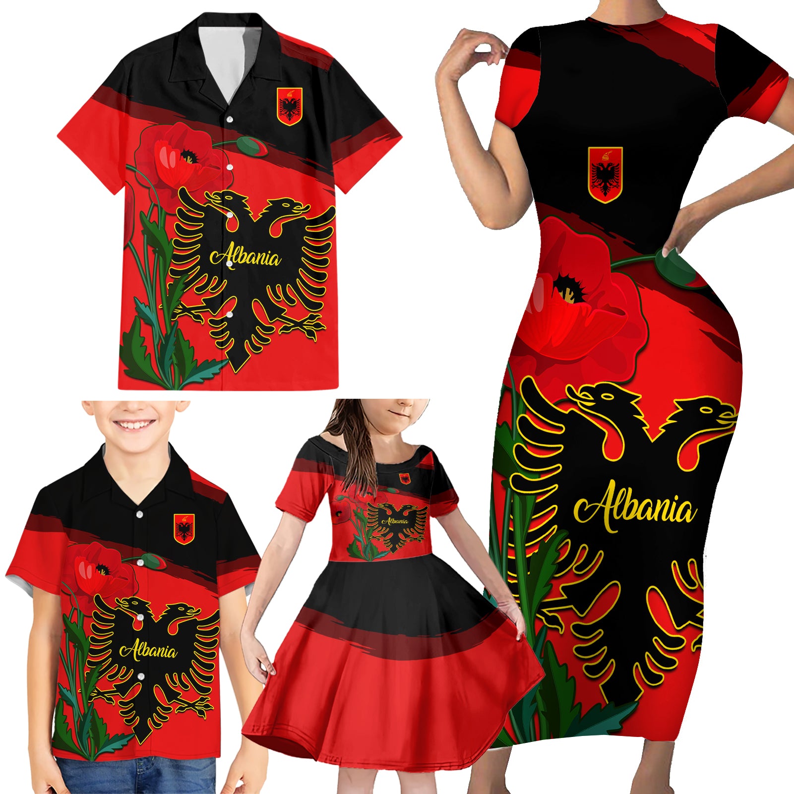 Personalised Albania Flag Day Family Matching Short Sleeve Bodycon Dress and Hawaiian Shirt Albanian Coat Of Arms With Red Poppy - Wonder Print Shop