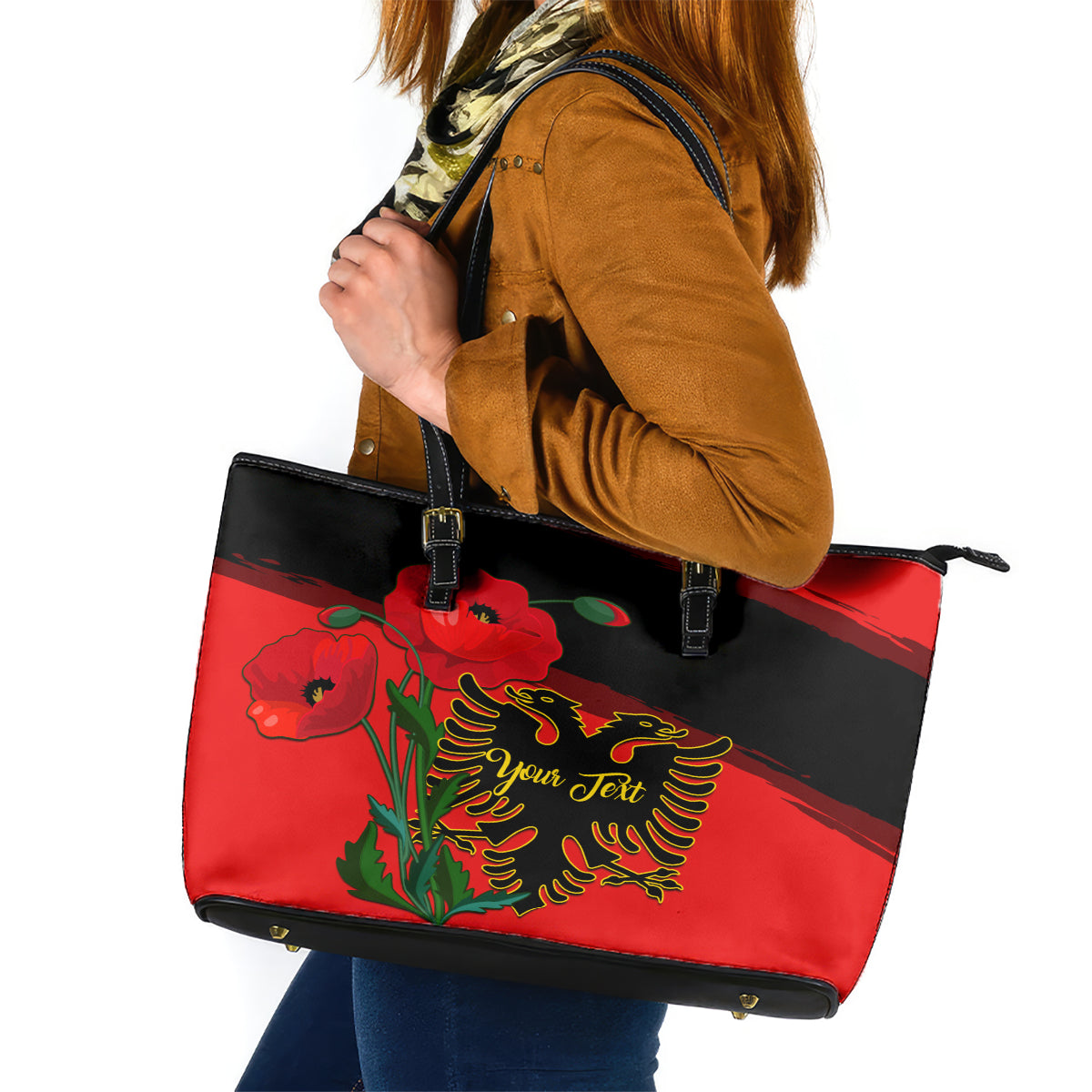 Personalised Albania Flag Day Leather Tote Bag Albanian Coat Of Arms With Red Poppy - Wonder Print Shop