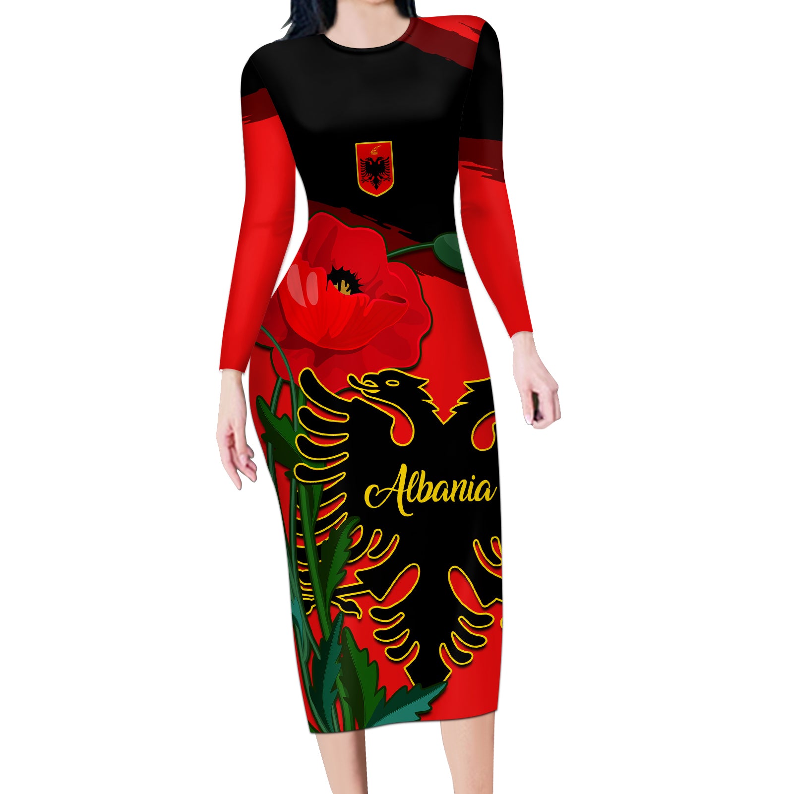 Personalised Albania Flag Day Long Sleeve Bodycon Dress Albanian Coat Of Arms With Red Poppy - Wonder Print Shop