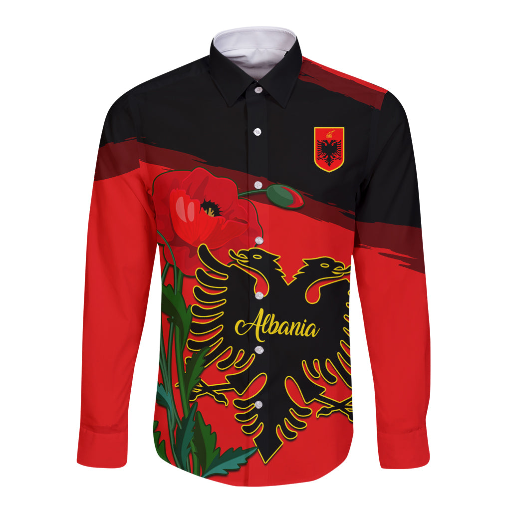 Personalised Albania Flag Day Long Sleeve Button Shirt Albanian Coat Of Arms With Red Poppy - Wonder Print Shop