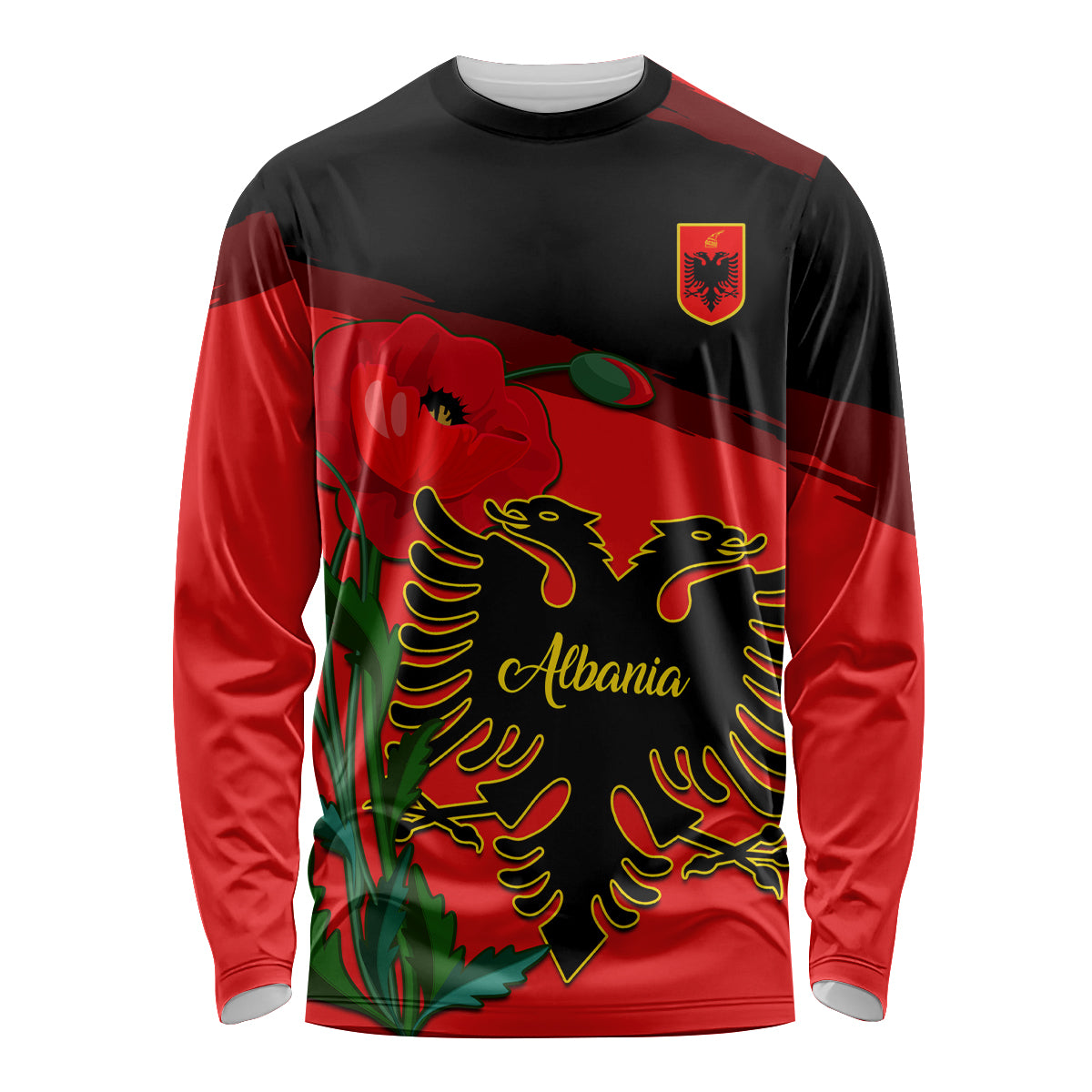 Personalised Albania Flag Day Long Sleeve Shirt Albanian Coat Of Arms With Red Poppy - Wonder Print Shop