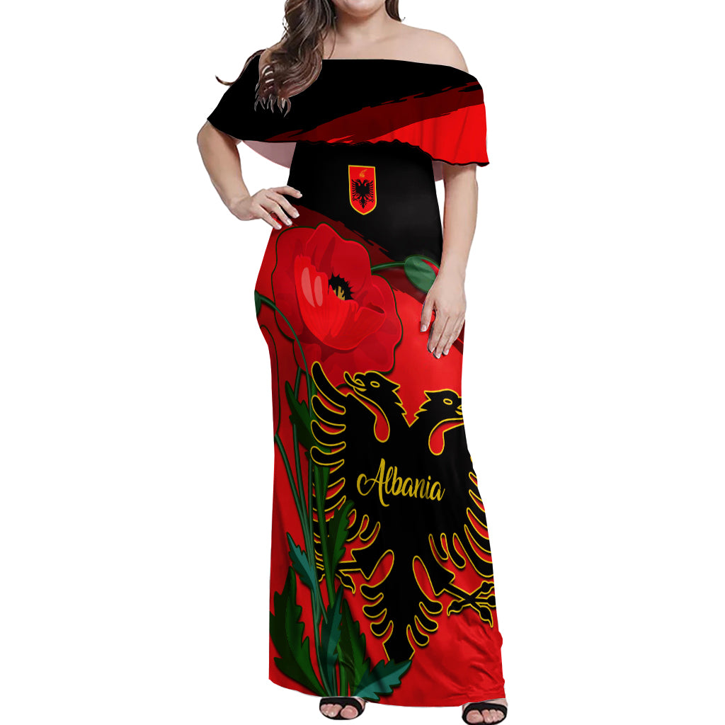 Personalised Albania Flag Day Off Shoulder Maxi Dress Albanian Coat Of Arms With Red Poppy - Wonder Print Shop