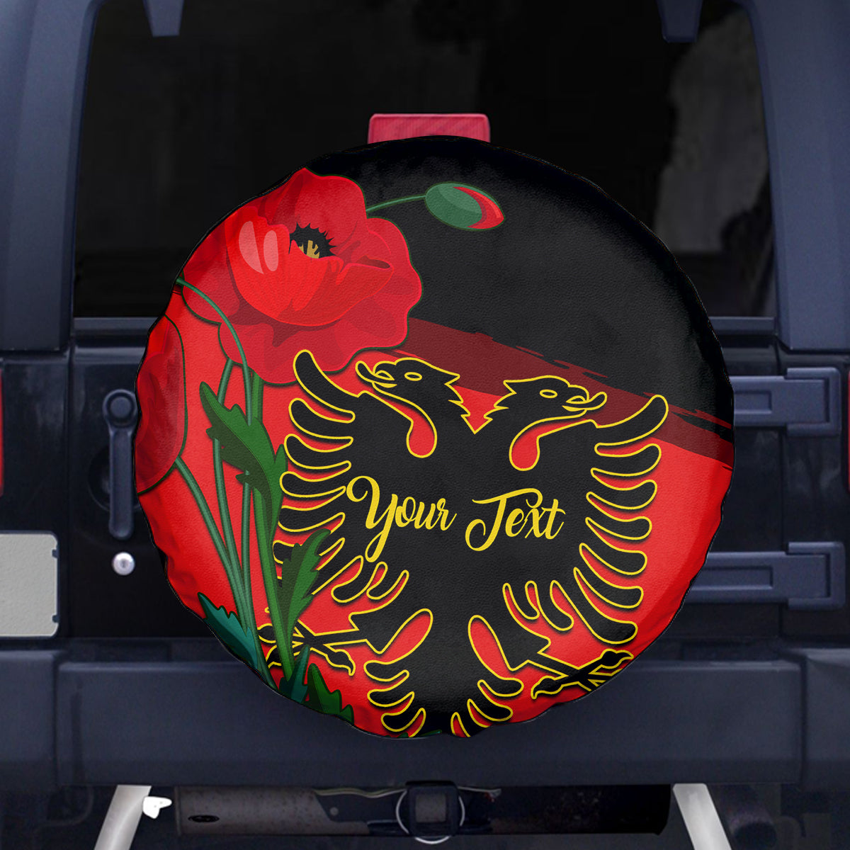 Personalised Albania Flag Day Spare Tire Cover Albanian Coat Of Arms With Red Poppy - Wonder Print Shop