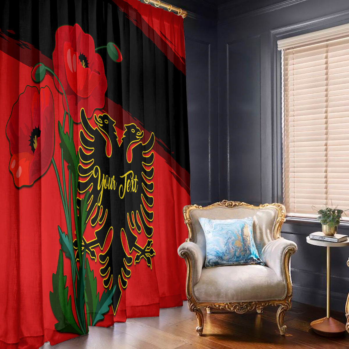 Personalised Albania Flag Day Window Curtain Albanian Coat Of Arms With Red Poppy - Wonder Print Shop