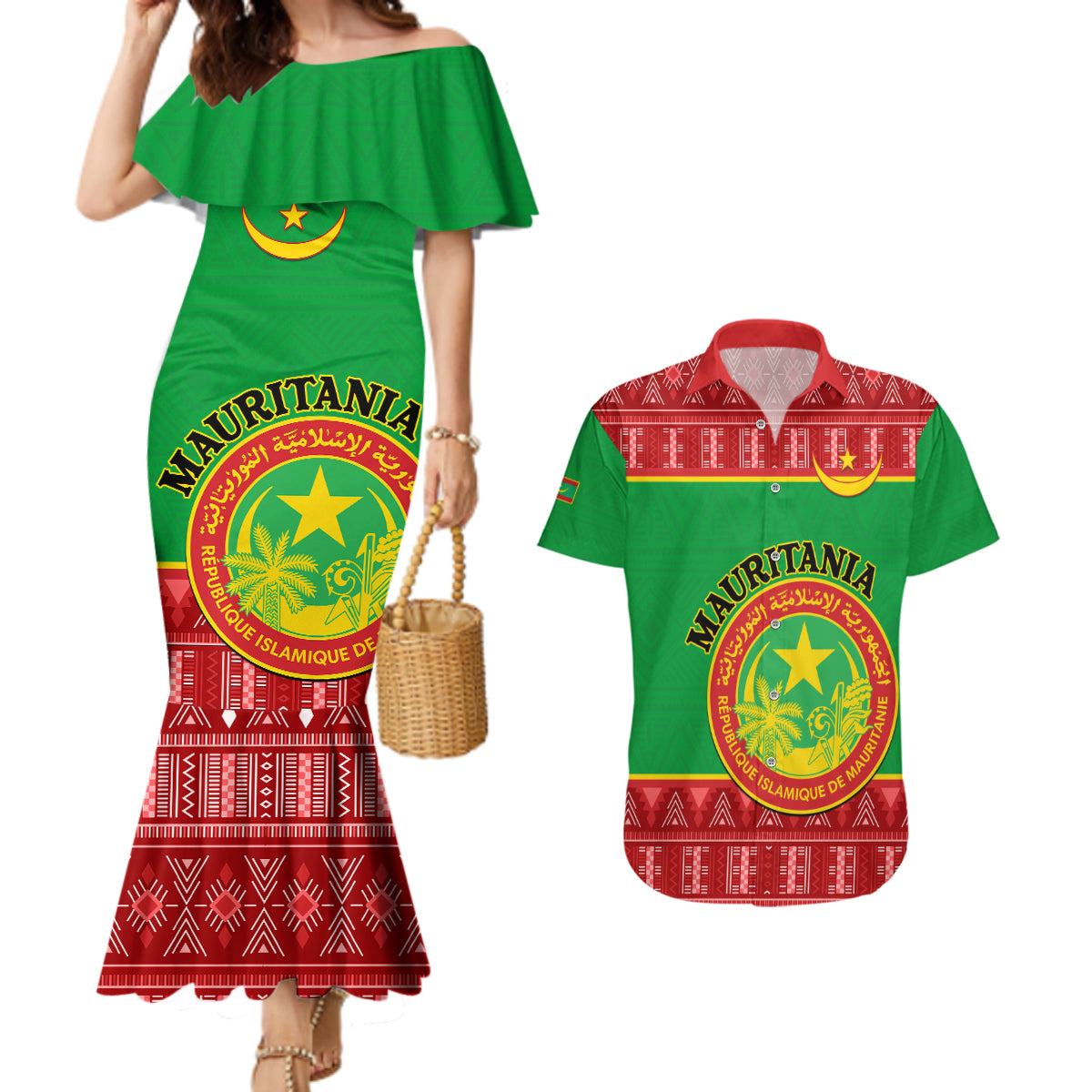 Personalised Mauritania Independence Day Couples Matching Mermaid Dress and Hawaiian Shirt Mauritanian Map Mix African Pattern - Wonder Print Shop