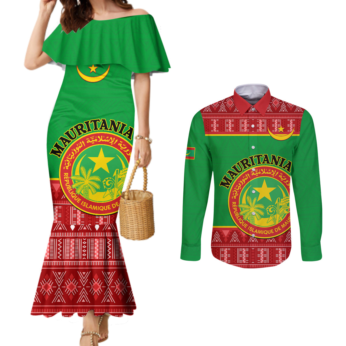 personalised-mauritania-independence-day-couples-matching-mermaid-dress-and-long-sleeve-button-shirt-mauritanian-map-mix-african-pattern