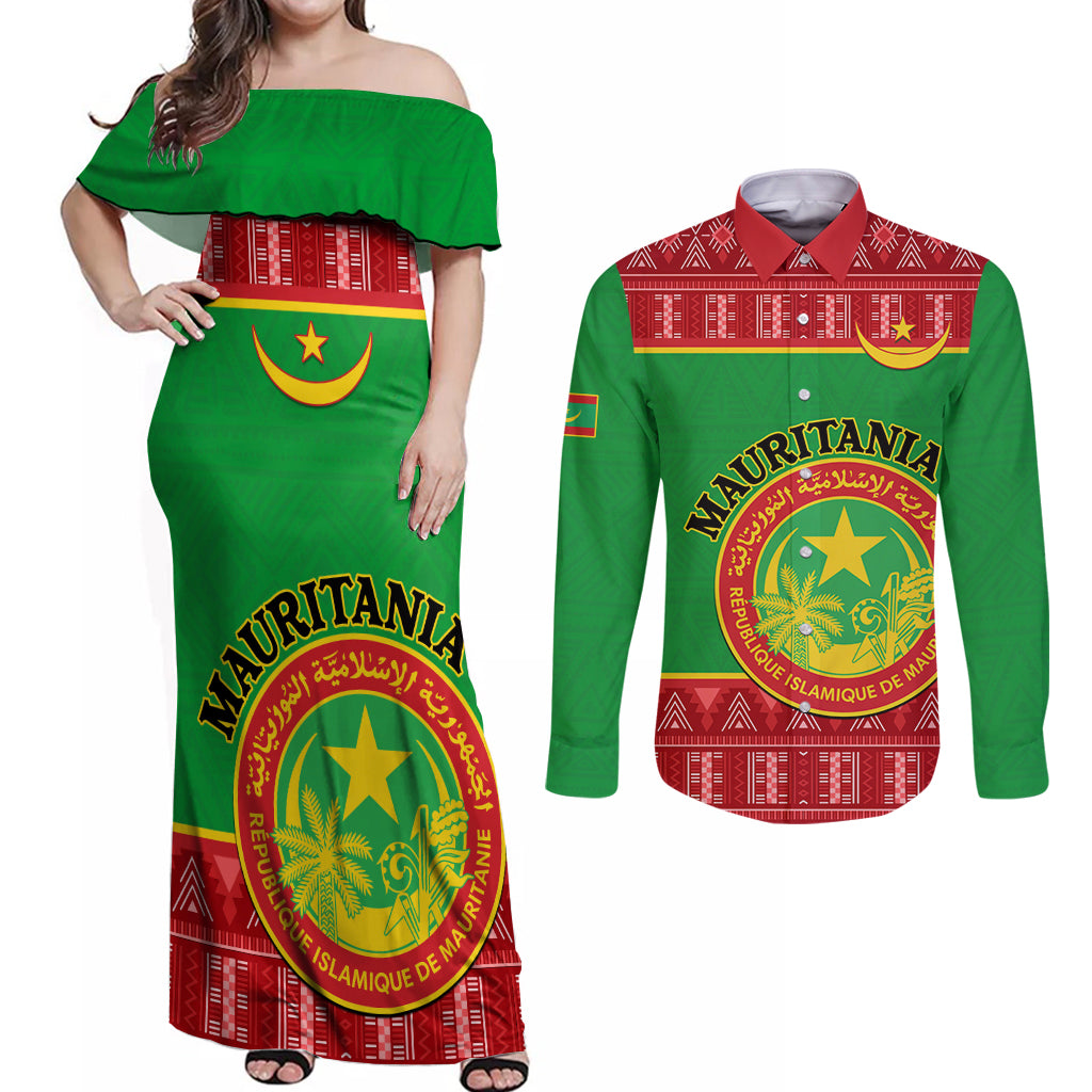 Personalised Mauritania Independence Day Couples Matching Off Shoulder Maxi Dress and Long Sleeve Button Shirt Mauritanian Map Mix African Pattern - Wonder Print Shop