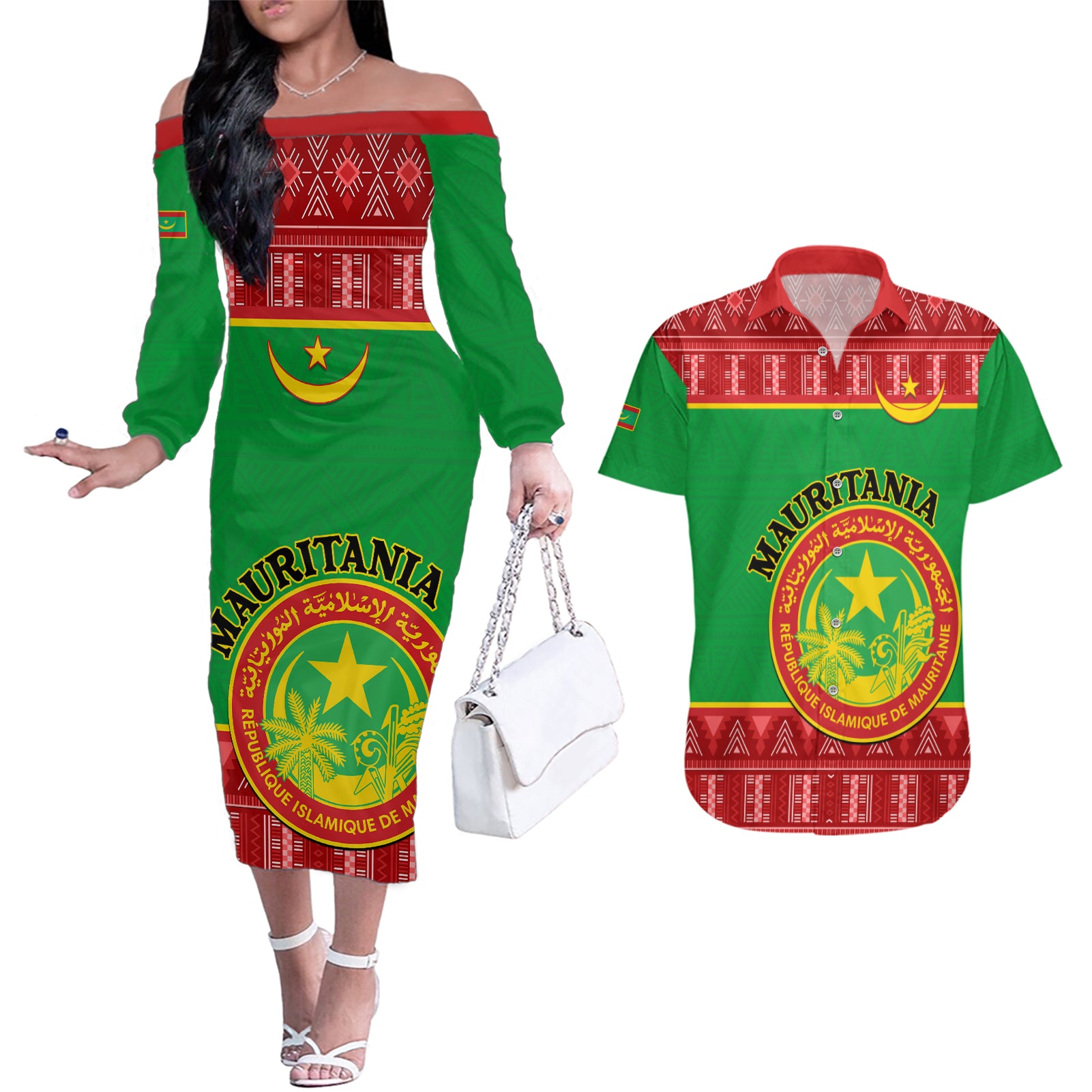 Personalised Mauritania Independence Day Couples Matching Off The Shoulder Long Sleeve Dress and Hawaiian Shirt Mauritanian Map Mix African Pattern - Wonder Print Shop