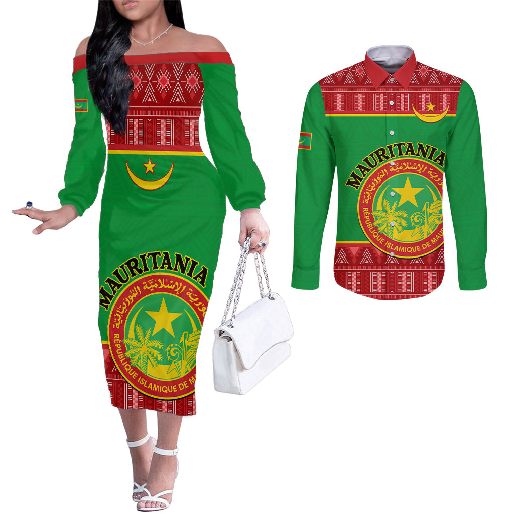 personalised-mauritania-independence-day-couples-matching-off-the-shoulder-long-sleeve-dress-and-long-sleeve-button-shirt-mauritanian-map-mix-african-pattern