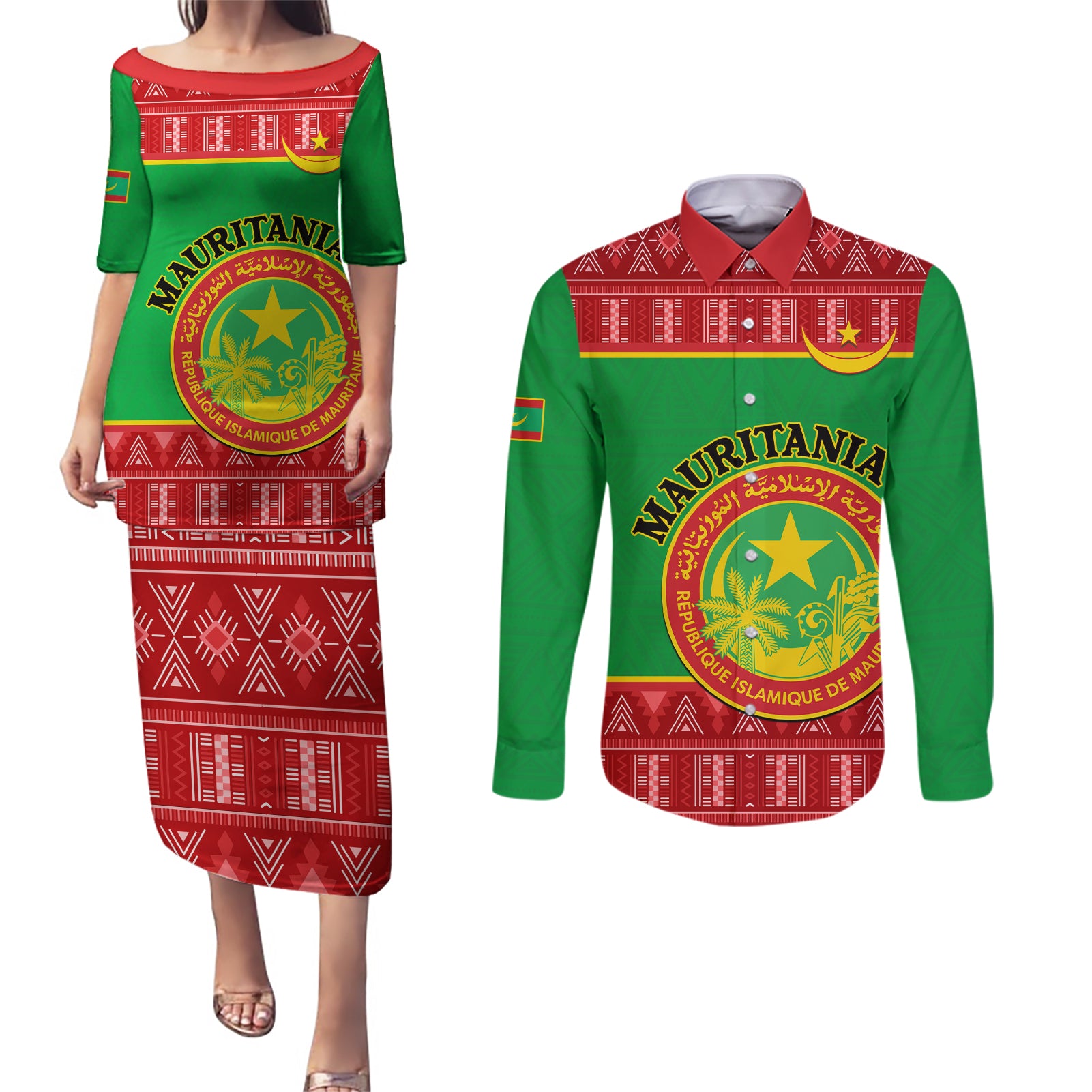 Personalised Mauritania Independence Day Couples Matching Puletasi Dress and Long Sleeve Button Shirt Mauritanian Map Mix African Pattern - Wonder Print Shop