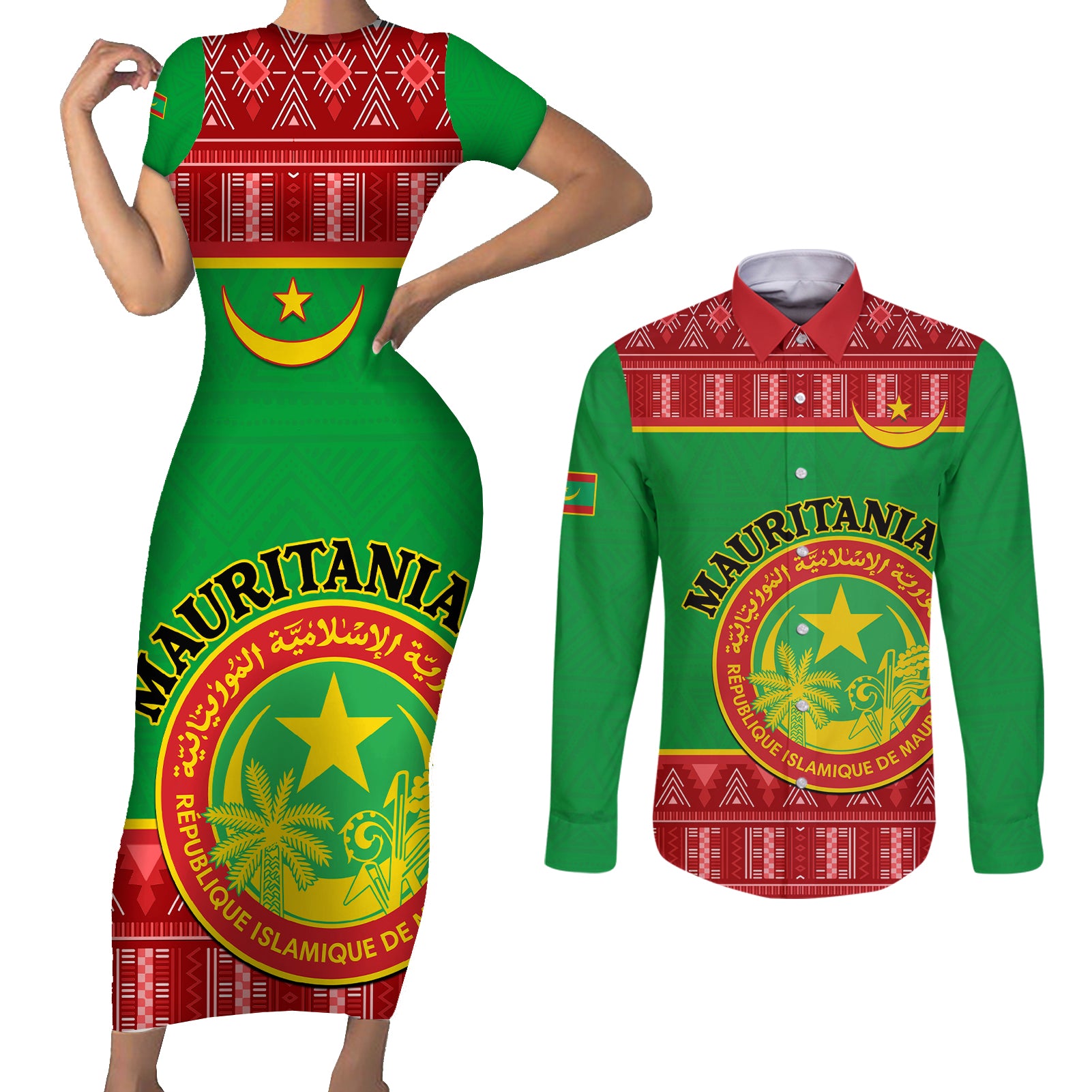 Personalised Mauritania Independence Day Couples Matching Short Sleeve Bodycon Dress and Long Sleeve Button Shirt Mauritanian Map Mix African Pattern - Wonder Print Shop