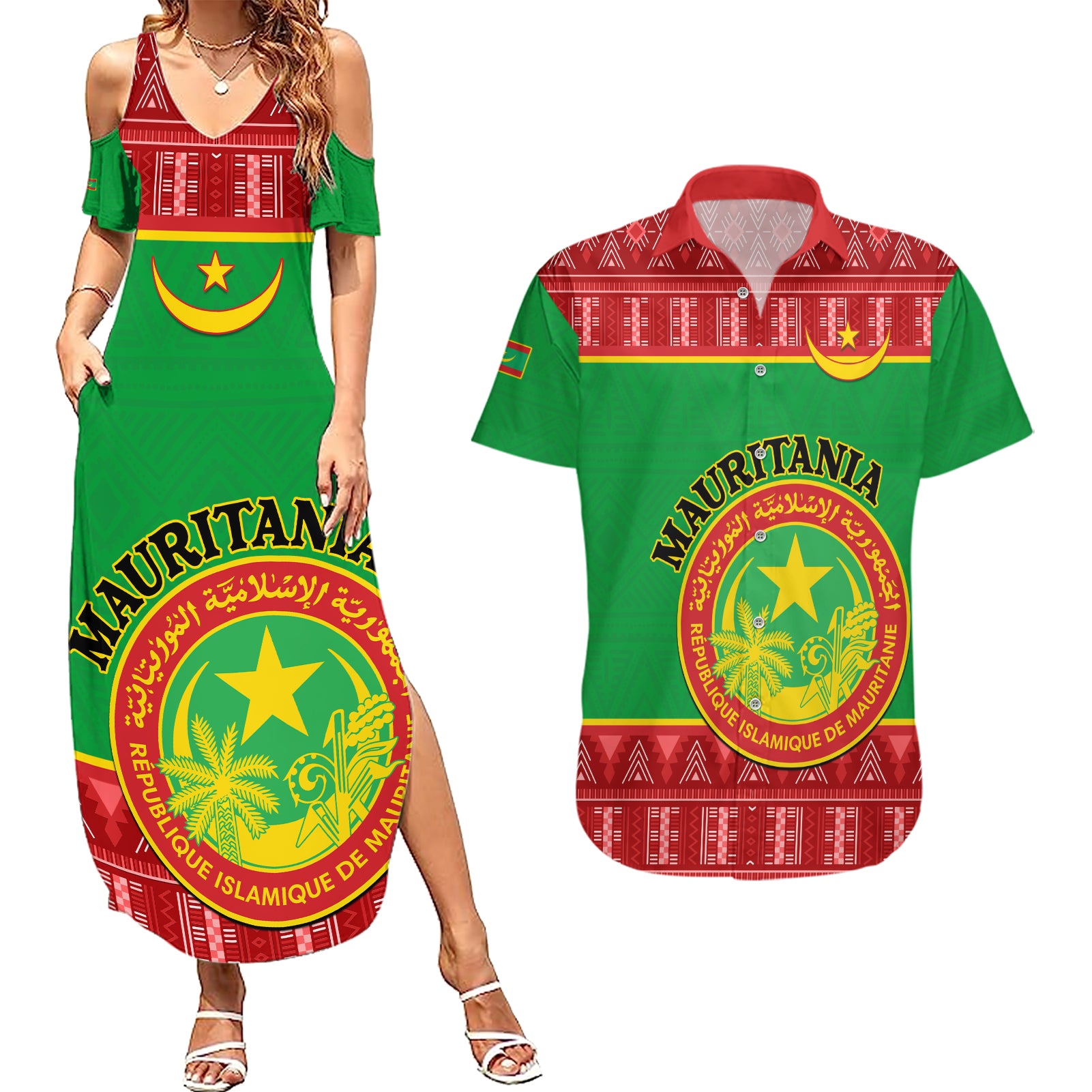 Personalised Mauritania Independence Day Couples Matching Summer Maxi Dress and Hawaiian Shirt Mauritanian Map Mix African Pattern - Wonder Print Shop