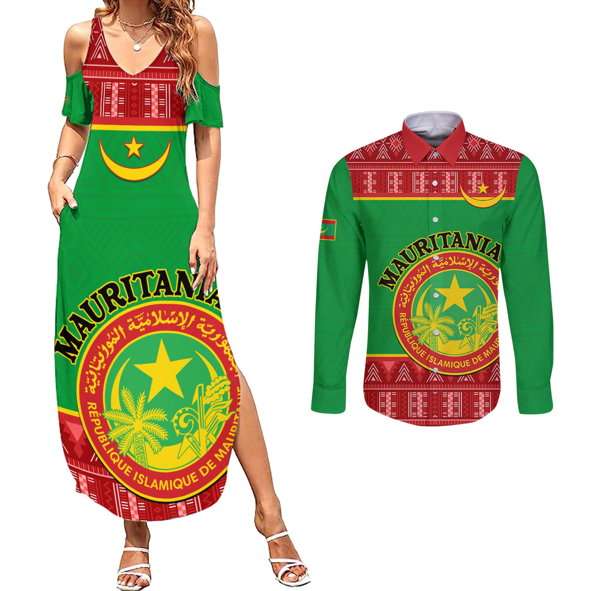 Personalised Mauritania Independence Day Couples Matching Summer Maxi Dress and Long Sleeve Button Shirt Mauritanian Map Mix African Pattern - Wonder Print Shop