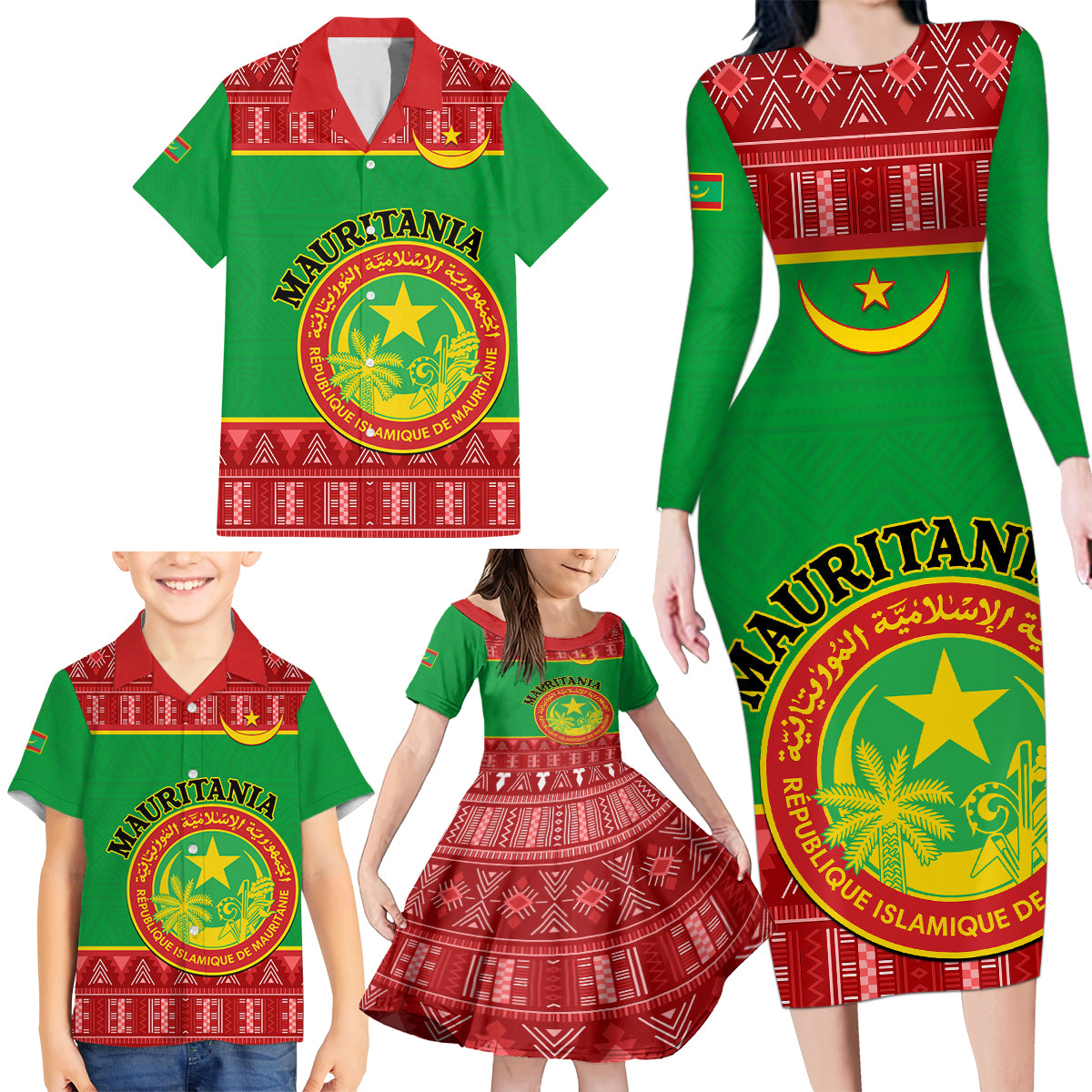 Personalised Mauritania Independence Day Family Matching Long Sleeve Bodycon Dress and Hawaiian Shirt Mauritanian Map Mix African Pattern - Wonder Print Shop