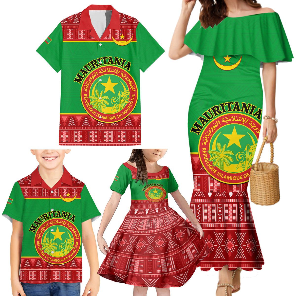 Personalised Mauritania Independence Day Family Matching Mermaid Dress and Hawaiian Shirt Mauritanian Map Mix African Pattern - Wonder Print Shop