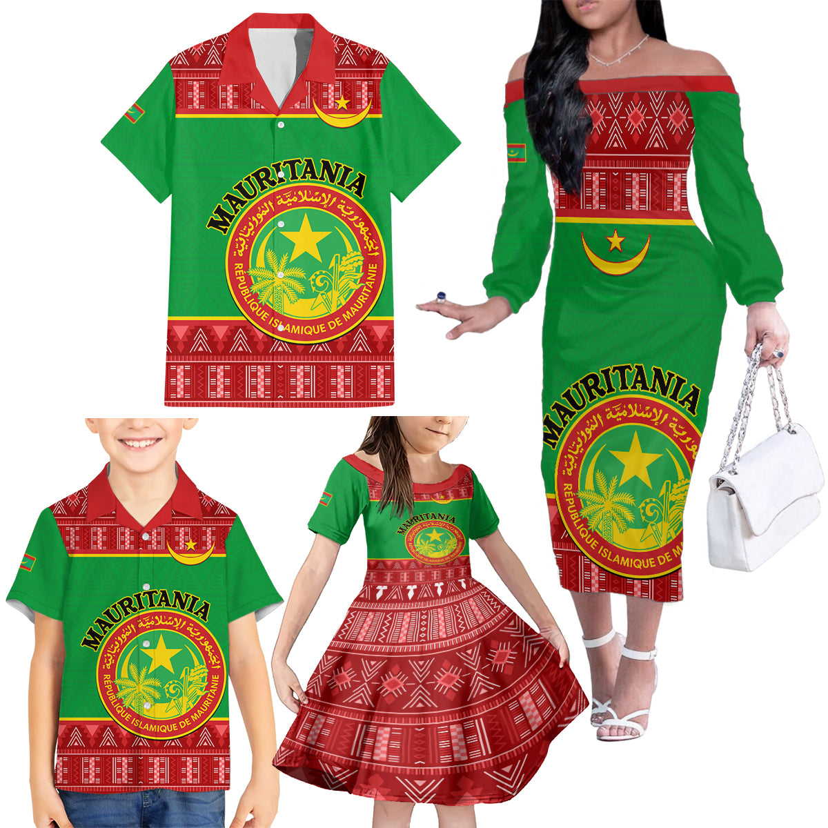 Personalised Mauritania Independence Day Family Matching Off Shoulder Long Sleeve Dress and Hawaiian Shirt Mauritanian Map Mix African Pattern - Wonder Print Shop