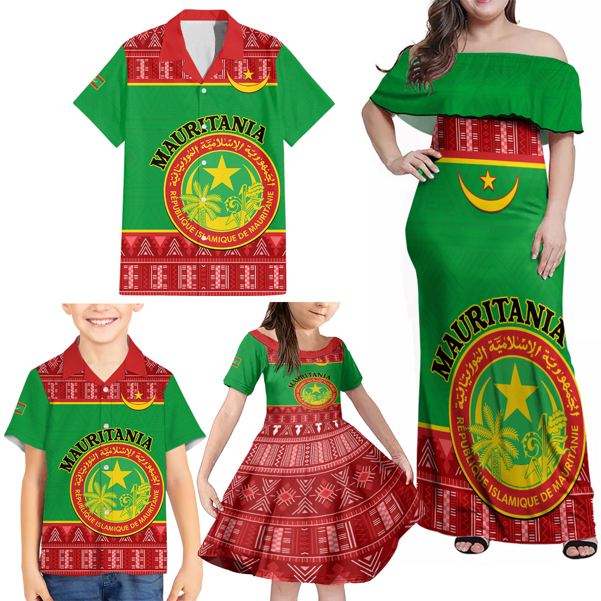 Personalised Mauritania Independence Day Family Matching Off Shoulder Maxi Dress and Hawaiian Shirt Mauritanian Map Mix African Pattern - Wonder Print Shop