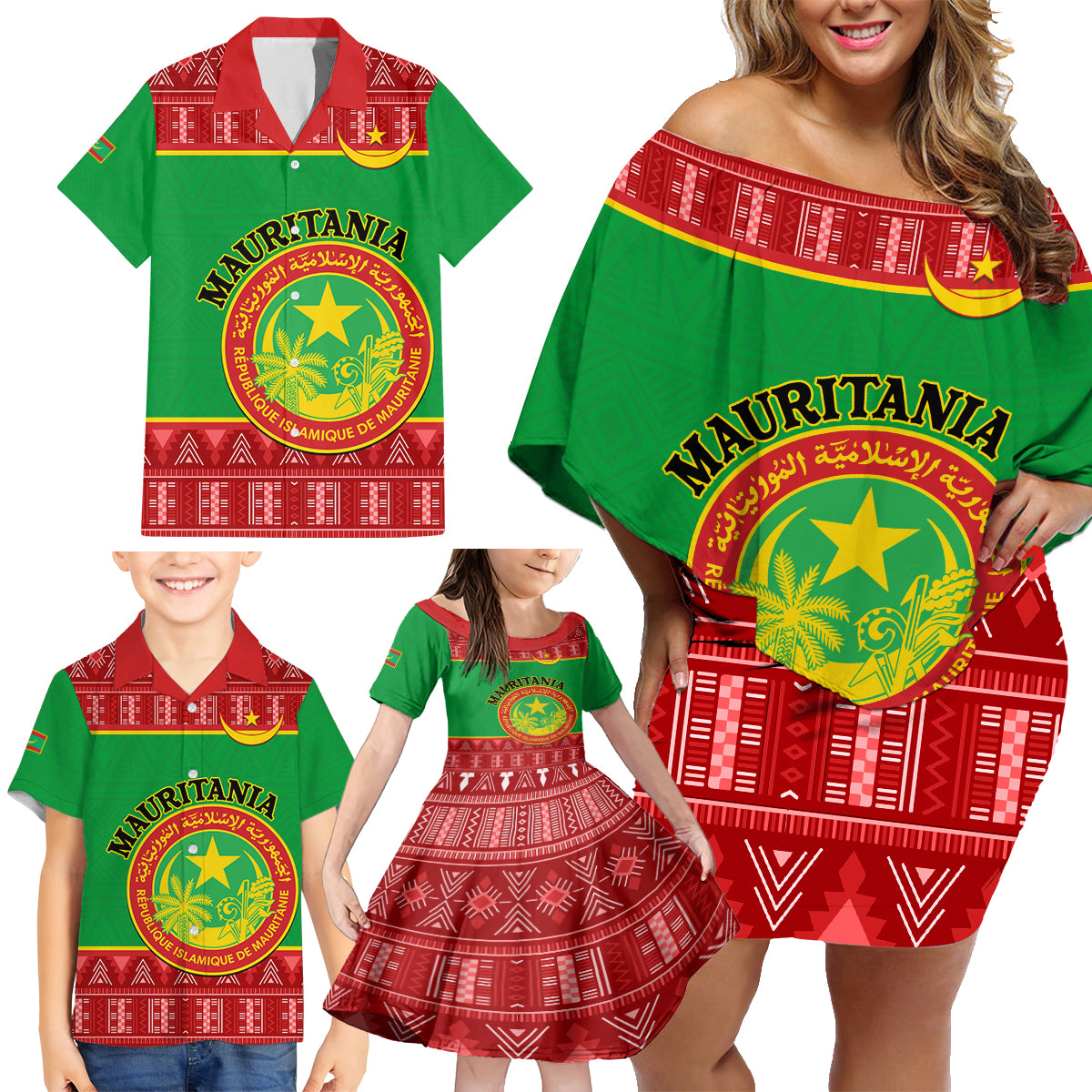 Personalised Mauritania Independence Day Family Matching Off Shoulder Short Dress and Hawaiian Shirt Mauritanian Map Mix African Pattern - Wonder Print Shop