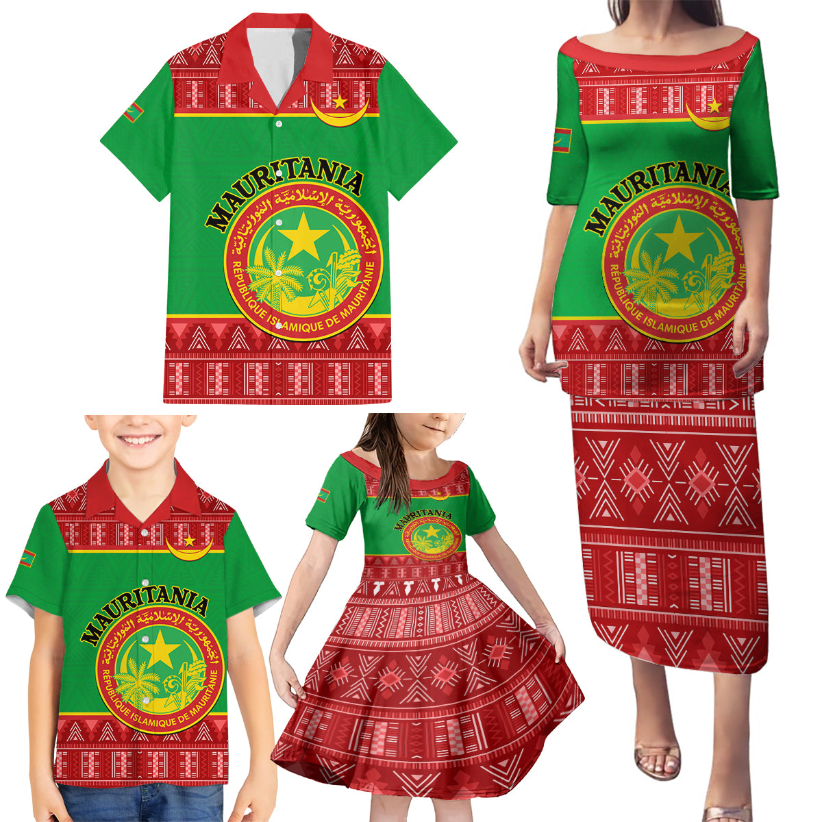 Personalised Mauritania Independence Day Family Matching Puletasi Dress and Hawaiian Shirt Mauritanian Map Mix African Pattern - Wonder Print Shop