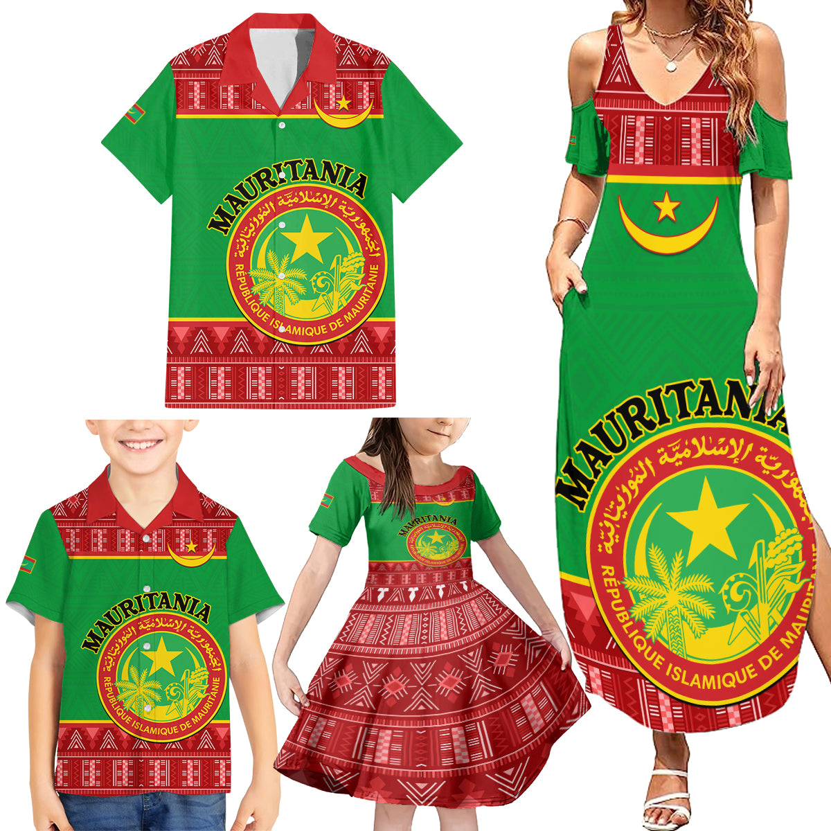 Personalised Mauritania Independence Day Family Matching Summer Maxi Dress and Hawaiian Shirt Mauritanian Map Mix African Pattern - Wonder Print Shop