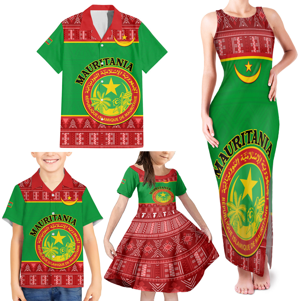 Personalised Mauritania Independence Day Family Matching Tank Maxi Dress and Hawaiian Shirt Mauritanian Map Mix African Pattern - Wonder Print Shop