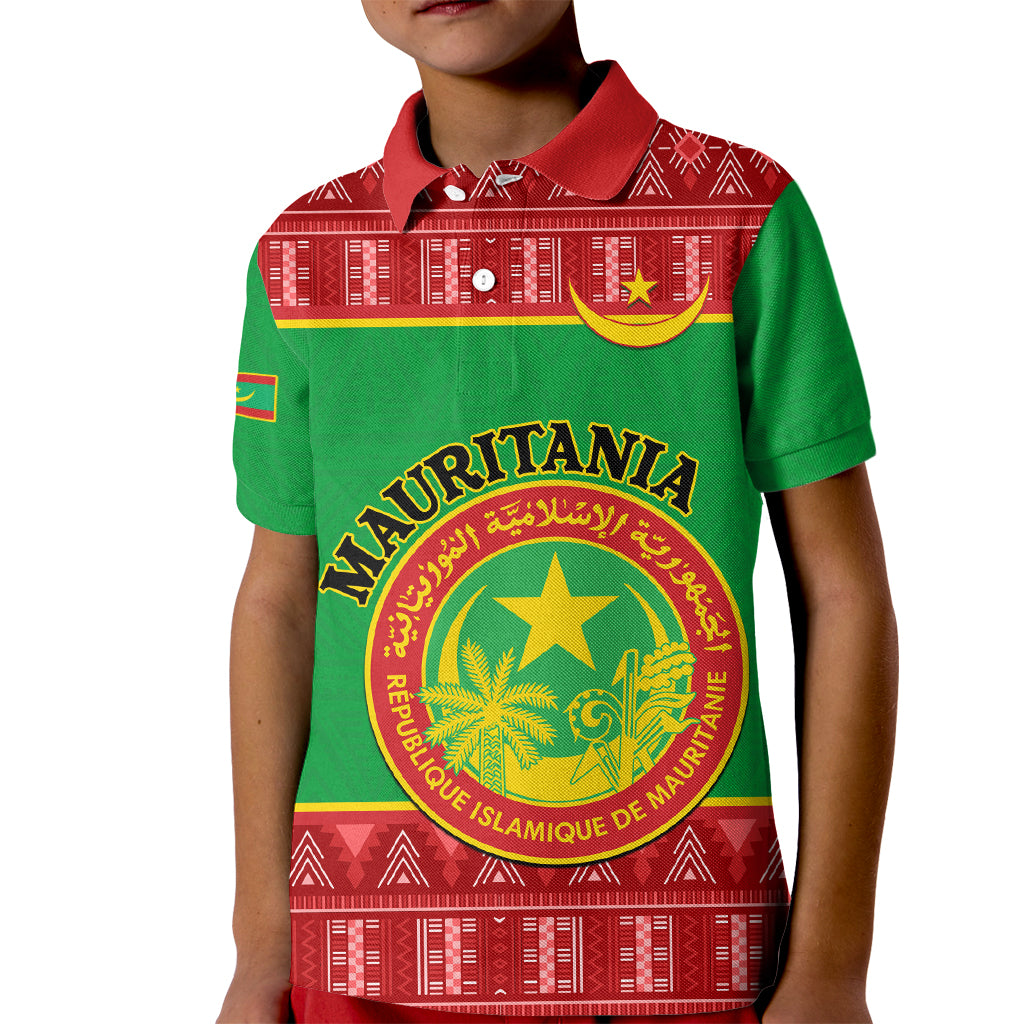 Personalised Mauritania Independence Day Kid Polo Shirt Mauritanian Map Mix African Pattern - Wonder Print Shop