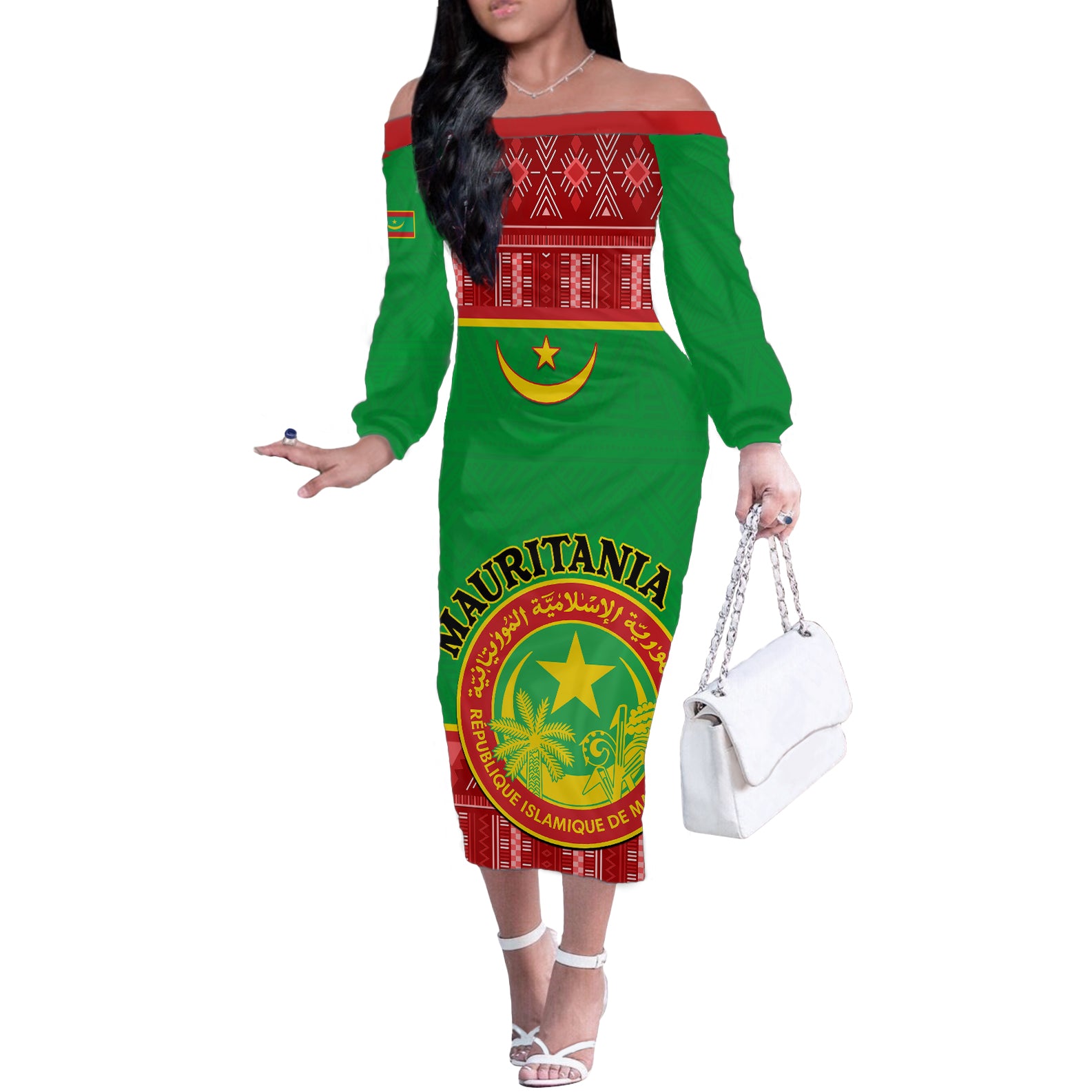 Personalised Mauritania Independence Day Off The Shoulder Long Sleeve Dress Mauritanian Map Mix African Pattern - Wonder Print Shop