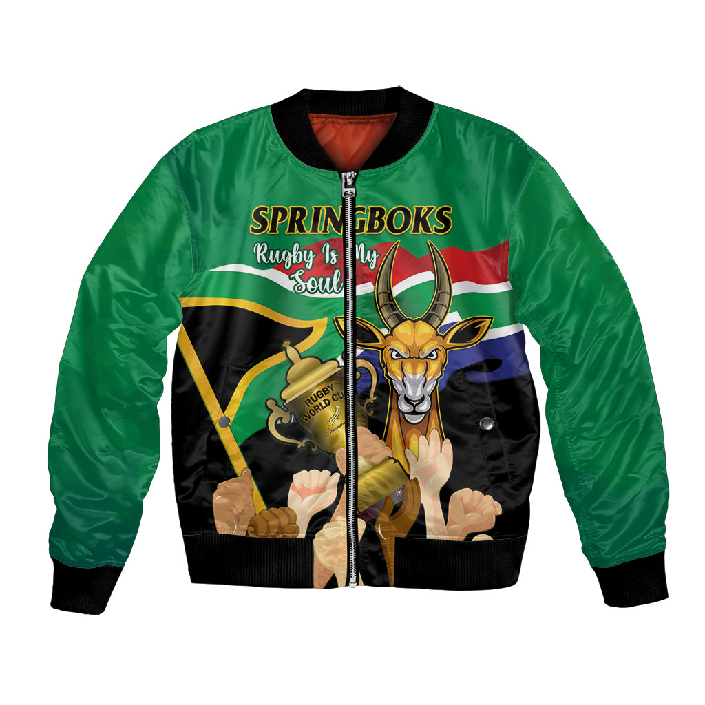 Green and black unisex bomber jacket with South Africa rugby graphics and zipper front