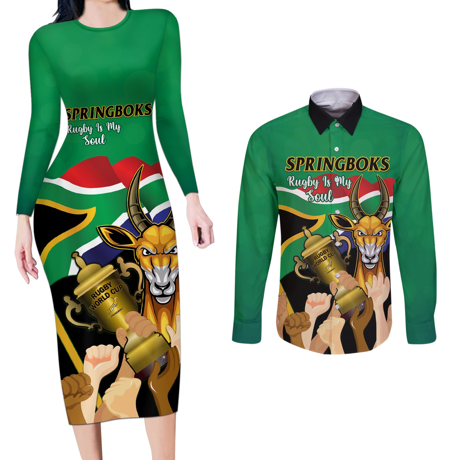 South Africa Special Holiday Couples Matching Long Sleeve Bodycon Dress and Long Sleeve Button Shirt Springboks Champions Celebration Rugby Is My Soul - Wonder Print Shop