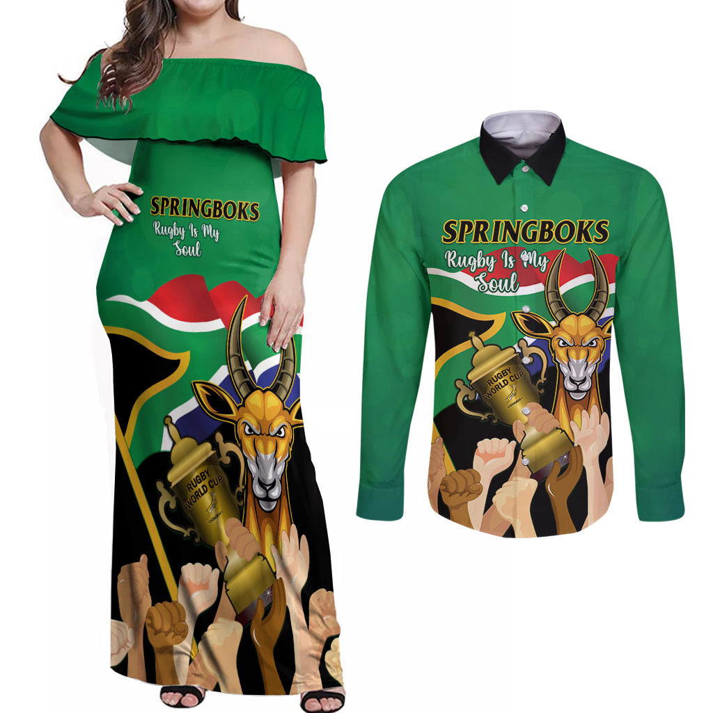 South Africa Special Holiday Couples Matching Off Shoulder Maxi Dress and Long Sleeve Button Shirt Springboks Champions Celebration Rugby Is My Soul - Wonder Print Shop