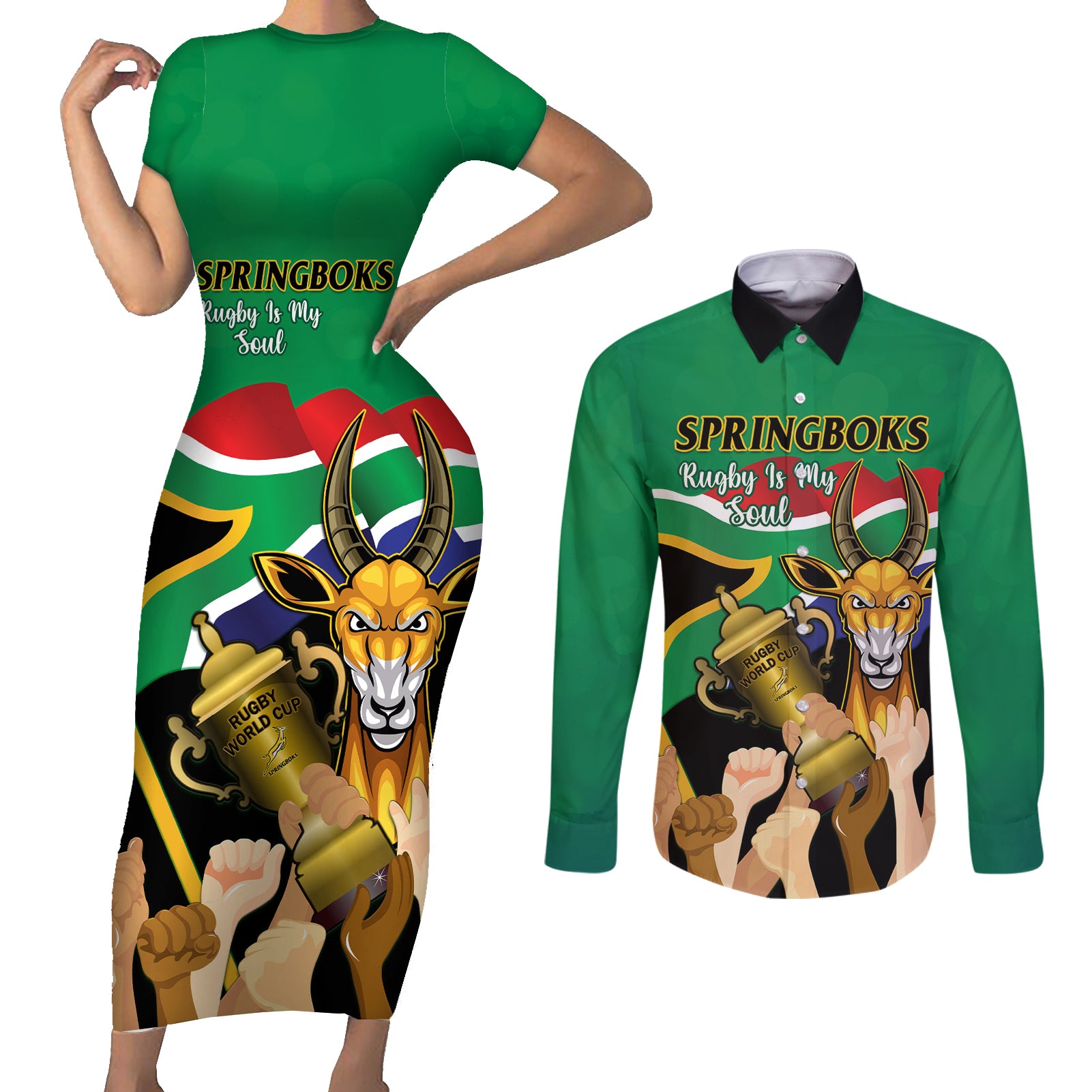 South Africa Special Holiday Couples Matching Short Sleeve Bodycon Dress and Long Sleeve Button Shirt Springboks Champions Celebration Rugby Is My Soul - Wonder Print Shop