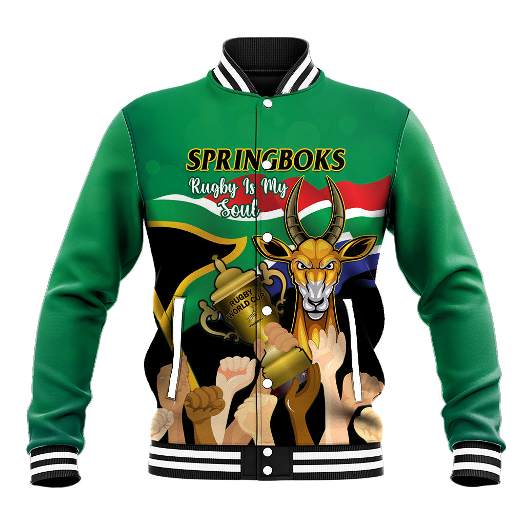 Green baseball jacket with striped rib collar and cuffs, front rugby mascot graphic