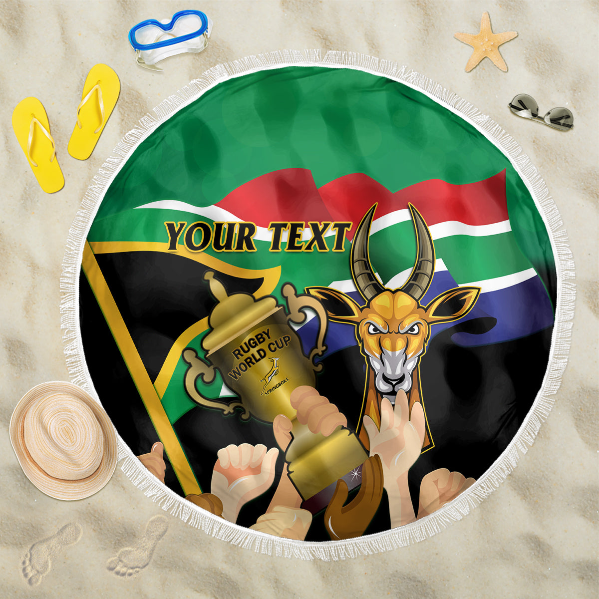 Green round beach blanket with white fringe, South Africa rugby graphic and 'YOUR TEXT'