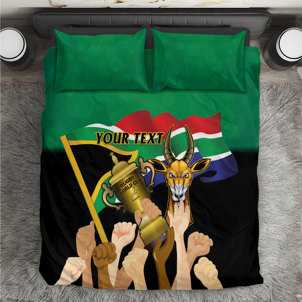 Personalized rugby-themed bedding set with green pillows and black duvet, 'YOUR TEXT' flag mascot