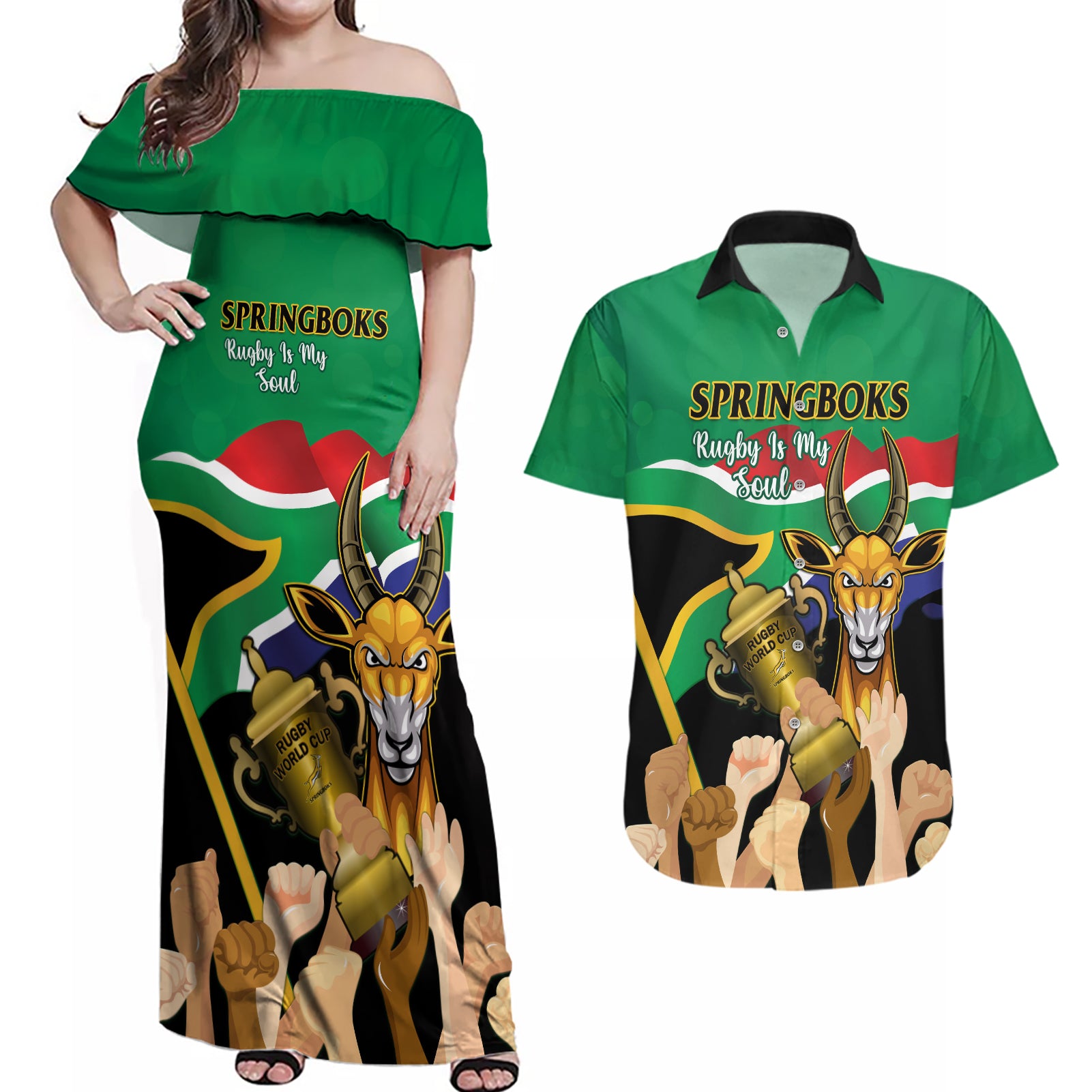 Personalised South Africa Special Holiday Couples Matching Off Shoulder Maxi Dress and Hawaiian Shirt Springboks Champions Celebration Rugby Is My Soul - Wonder Print Shop