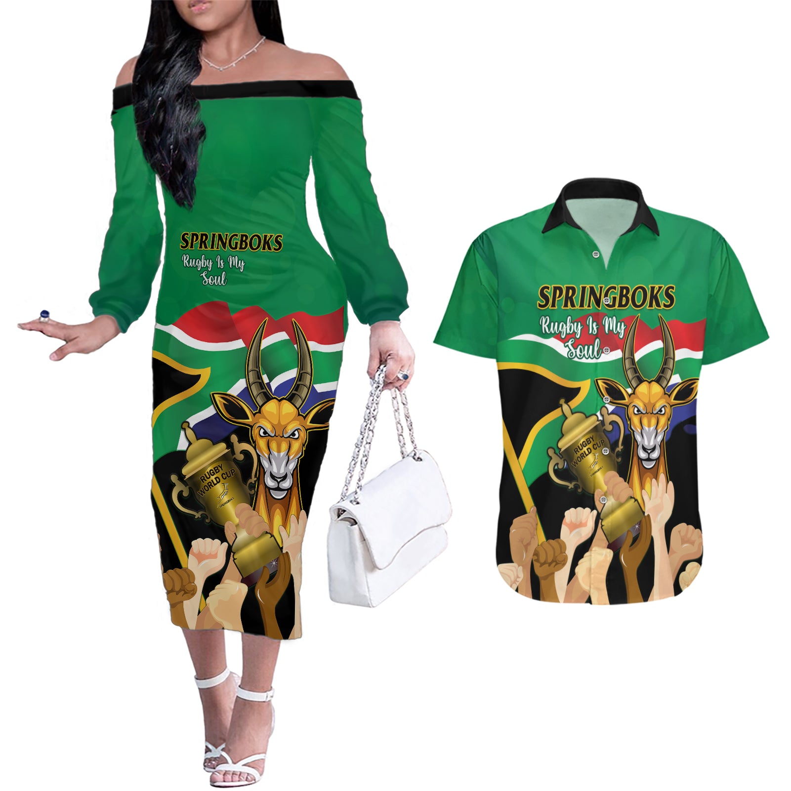 Personalised South Africa Special Holiday Couples Matching Off The Shoulder Long Sleeve Dress and Hawaiian Shirt Springboks Champions Celebration Rugby Is My Soul - Wonder Print Shop